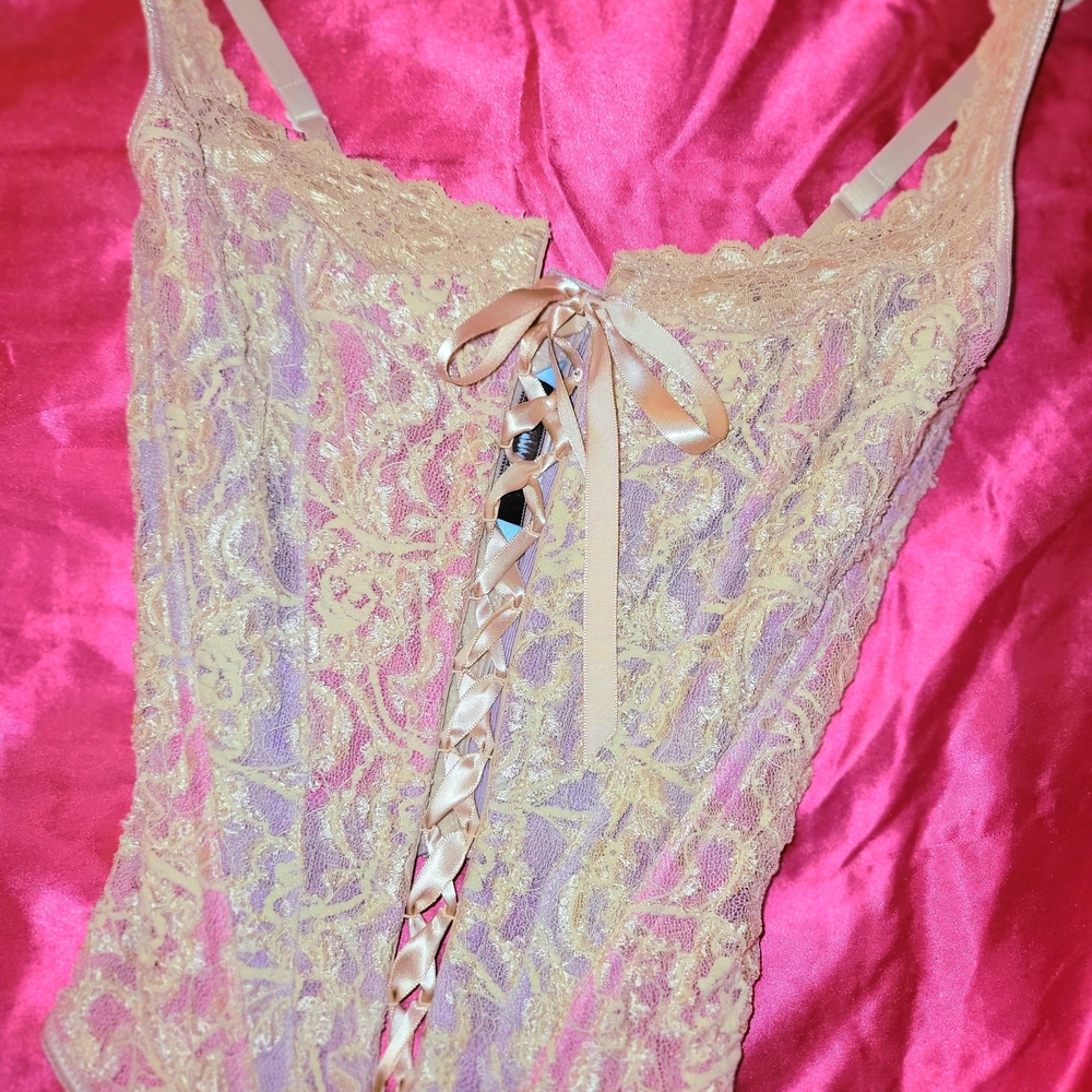 marciano ♡ delicate coquette lace corset top in champagne, pink, and purple